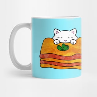 Hungry cat eating delicious looking lasagna Mug